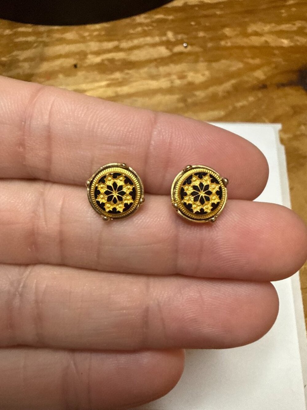 gold earrings with black, circle, small, butterfly back